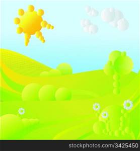 blue sky, green grass, trees, clouds, sun and flowers abstract landscape vector illustration
