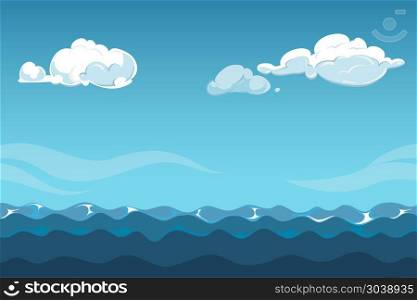 Blue sky over the sea background. Blue sky over the sea background with clouds. Ocean outdoor vector illustration