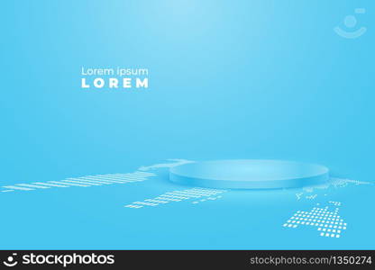Blue sky round winner podium on world map background. Stage for awards ceremony. Graphic resource for product and present. vector illustration.