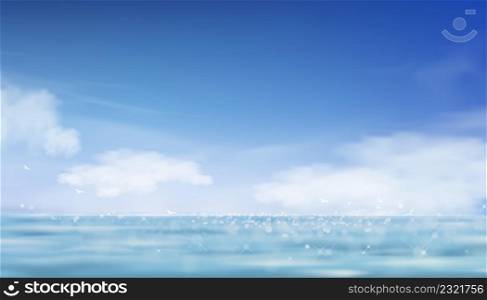 Blue sky with fluffy cloud and Sea,Horizon natural Blue ocean with reflection of bright light shining in the morning, Vector Landscape banner for Spring, summer seasonal holiday background
