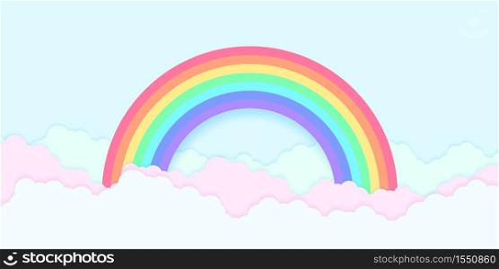 Blue sky with rainbow and colorful cloud, paper art style