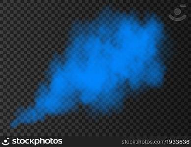 Blue smoke burst isolated on transparent background. Color steam explosion special effect. Realistic vector column of fire fog or mist texture .
