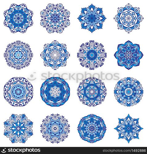 Blue snowflake vector graphic collection. Set of ornamental mandala art flower. Design sing bundle. Vector Snowflakes Blue Floral Mandala ornamental set.