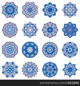 Blue snowflake vector graphic collection. Set of ornamental mandala art flower. Design sing bundle. Vector Snowflakes Blue Floral Mandala ornamental set.