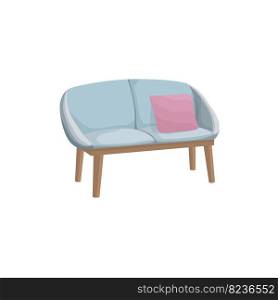 Blue sofa side view in cartoon style. Small chair and 1 pink pillow. Furniture for interior Isolated on a white background.