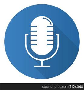 Blue sound recorder flat design long shadow glyph icon. Professional music microphone idea. Record equipment. Portable studio audio mic. Wireless recording device. Vector silhouette illustration