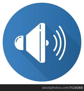 Blue sound speaker flat design long shadow glyph icon. Volume control idea. Loudspeaker, megaphone. Modern stereo equipment. Sound signal tool, loud noise. Vector silhouette illustration