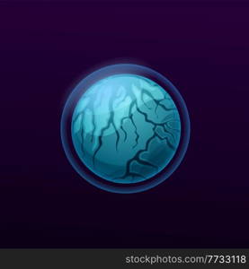 Blue space planet with atmosphere game UI icon. Alien galaxy system planet, cartoon vector fantasy world or exoplanet moon with protective force field sphere, ozone layer and cracks on ice surface. Blue space planet with atmosphere game UI icon