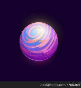 Blue space planet with pink nebula. Space alien fantastic world or fantasy galaxy planet. Game user interface element, moon or satellite vector icon with atmosphere clouds, ocean water surface. Blue space planet with pink nebula GUI vector icon