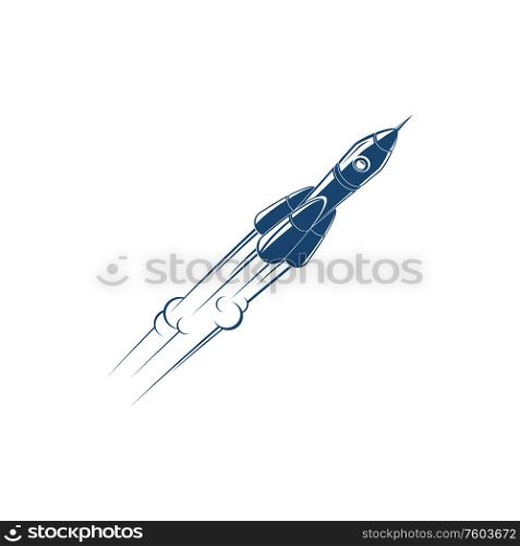 Blue spaceship or military missile isolated moving rocket. Vector flying spacecraft, cosmic travel ship. Military missile or blue spaceship isolated