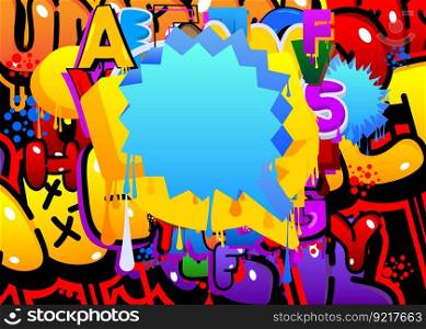 Blue Speech Bubble Graffiti with abstract colorful Background. Urban painting style backdrop. Discussion symbol in modern dirty street art decoration.