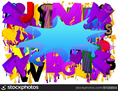 Blue Speech Bubble Graffiti with purple elements on abstract Background. Urban painting style backdrop. Busy discussion symbol in modern dirty street art decoration.