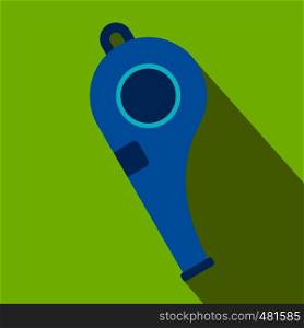 Blue sport whistle flat icon on a green background. Blue sport whistle flat icon