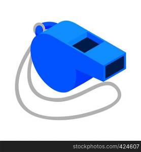 Blue sport whistle on a white cord isometric 3d icon on a white background. Blue sport whistle on a white cord isometric icon