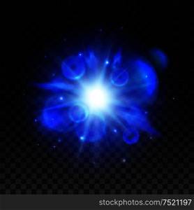 Blue star light space burst flash. Powerful shining of bright light with lens flare effect. Vector glowing sun with energy radiance on transparent background. Blue star light space burst flash