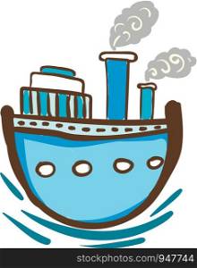Blue steam ship with windows is floating on the blue water vector color drawing or illustration