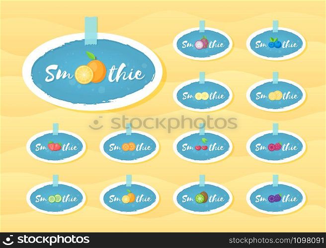 Blue sticker set smoothie fruit shake vector illustration. Hand drawn sign Smoothie on blue background in white frame on smoothies drink cocktail sticker for offer drawing sign or store promotion art. Blue label set smoothie fruit shake illustration