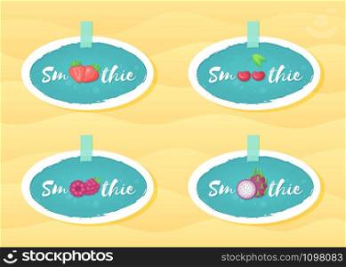 Blue sticker smoothie fruit set vector illustration. Natural fruit with Smoothie sign in white frame. Fresh smoothies cocktail blue round sticker for decoration emblem or advertising graphic poster. Blue sticker smoothie cocktail fruit and berry set