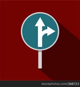 Blue straight or right turn ahead road siign icon. Flat illustration of straight or right turn ahead road sign vector icon for web isolated on rufous background. Blue straight or right turn ahead road sign icon