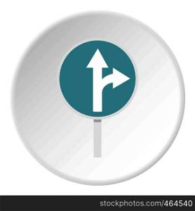 Blue straight or right turn ahead road siign icon in flat circle isolated vector illustration for web. Blue straight or right turn ahead road sign icon