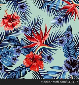 Blue style hibiscus plumeria flowers palm banana leaves seamless vector pattern light background. Beach wallpaper fabric trendy design