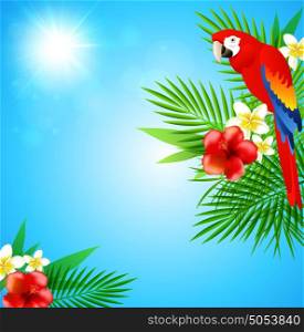 Blue summer background with tropical flowers, green leaves and red parrot