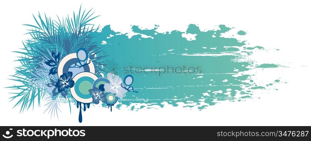 blue summer banner with tropical plants, butterfly and grunge effect