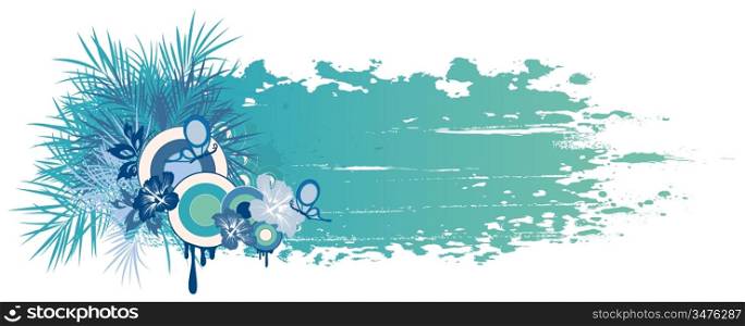 blue summer banner with tropical plants, butterfly and grunge effect