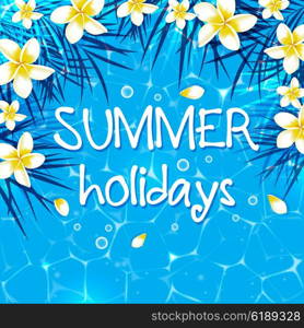 Blue summer marine background with tropical flowers. Tropical vector banner.