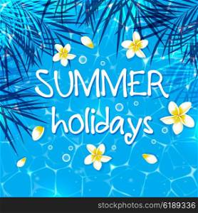 Blue summer marine background with tropical flowers. Tropical vector banner.
