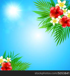 Blue summer tropical background with flowers and palm leaves