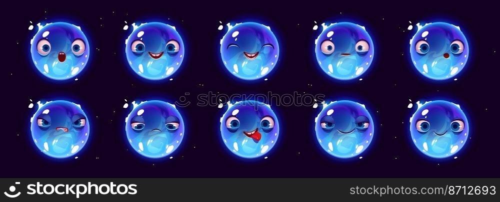 Blue supergiant star character with different facial expressions. Icons with emotions of funny alien planet in outer space. Water drop character isolated on black background, vector cartoon set. Blue supergiant star character with emotions