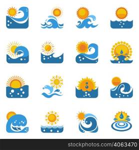 Blue swirling waves flat icons set with yellow sun disk and rays isolated vector illustration . Blue Wave With Sun Icons Set