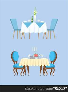 Blue table for couple serving with plates, filled champagne and empty glasses and bottle. Board with chairs decorated by empty dishes and flowers vector. Blue Table for Couple, Plates and Glasses Vector