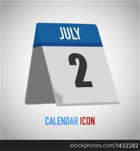 Blue table standing Calendar icon flat style. Date, day, month. Vector illustration background for reminder, app, UI, event, holiday, office document and logo. isolated object and symbol. from year collection. July