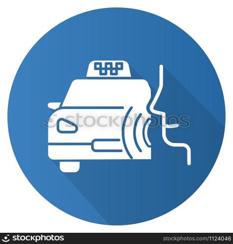 Blue taxi call flat design long shadow glyph icon. Transport search voice command idea. Sound control, audio order, conversation. Smart virtual assistant. Vector silhouette illustration