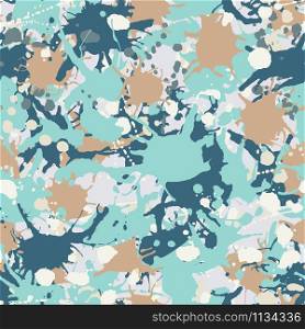 Blue, teal, beige, white artistic ink paint splashes camouflage seamless vector pattern