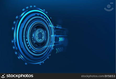 Blue technology circle and computer abstract background with blue and binary code matrix. Business and Connection. Futuristic and Industry 4.0 concept. Internet cyber and network theme. HUD interface
