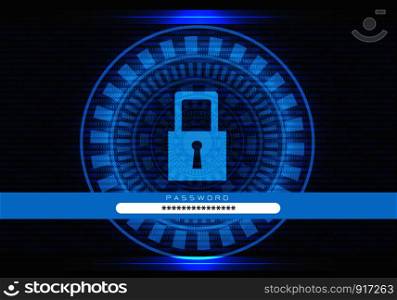 Blue technology data computer lock screen security with enter password on black design modern futuristic vector illustration.