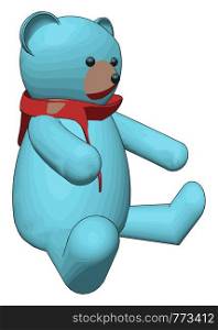 Blue teddy bear with red scarf vector illustration on white background