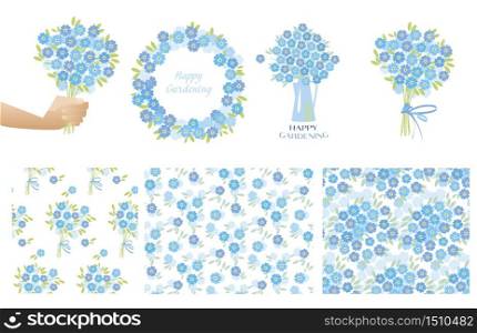 blue tender forget-me-not flowers in retro style. elegant naive floral design element for invitation, card, poster, greetings, wedding.