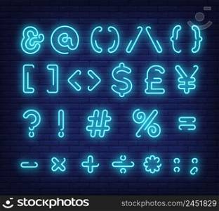 Blue text symbols neon sign. Glowing numbers and symbols on brick wall background. Vector illustration can be used for computer, telephone, messages, mobile. Blue text symbols neon sign