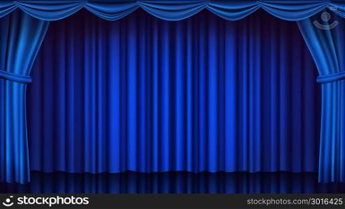 Blue Theater Curtain Vector. Theater, Opera Or Cinema Closed Scene. Realistic Blue Drapes Illustration. Blue Theater Curtain Vector. Theater, Opera Or Cinema Scene. Empty Silk Stage, Blue Scene. Realistic Illustration