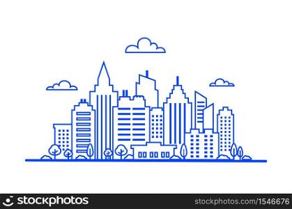 Blue Thin line City landscape. Downtown landscape with high skyscrapers. Panorama architecture. Goverment buildings Isolated outline illustration. City landscape template. Urban life Vector illustration. Blue Thin line City landscape. Downtown landscape with high skyscrapers. Panorama architecture. Goverment buildings Isolated outline illustration. City landscape template.