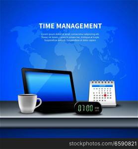 Blue time management realistic composition the workplace is equipped with digital clock and planning vector illustration. Blue Time Management Realistic Composition