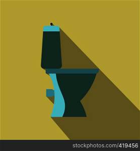 Blue toilet pan a side view, flat design. Icon with long shadow on yellow background. Blue toilet pan a side view, flat design