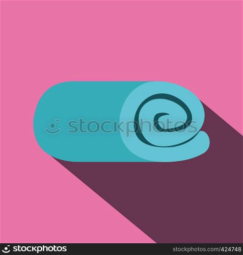 Blue towel rolled up flat icon on a pink background. A blue towel rolled up flat icon