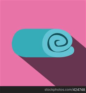 Blue towel rolled up flat icon on a pink background. A blue towel rolled up flat icon