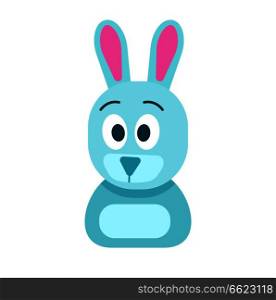 Blue toy small hare with funny surprised face, raised eyebrows and big ears isolated vector illustration on white background.. Blue Hare with Funny Face Isolated Illustration