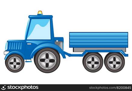 Blue tractor with pushcart on white background is insulated. Tractor with pushcart